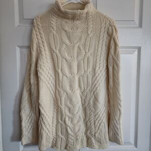Aran Mor 100% Merino Wool Cable Knit Turtleneck Cottage Sweater - Cream, Sz L